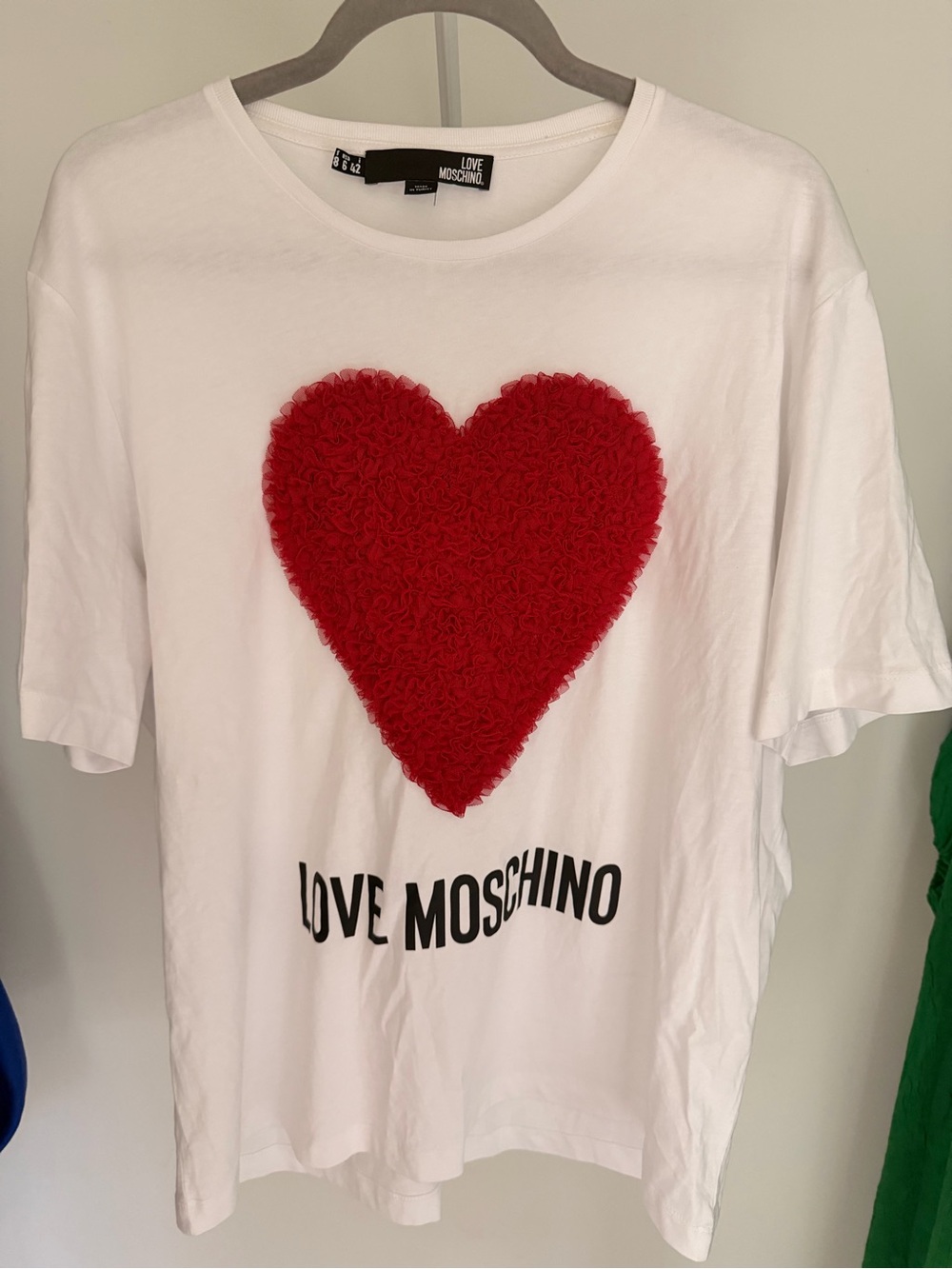 Love Moschino White T-Shirt with Red Heart Applique